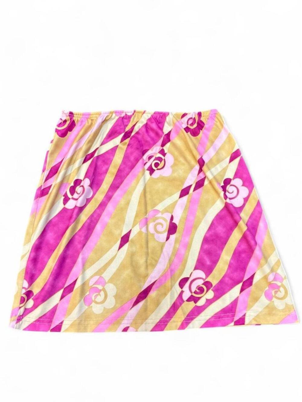 90s pink and yellow striped floral mini skirt with pink and beige